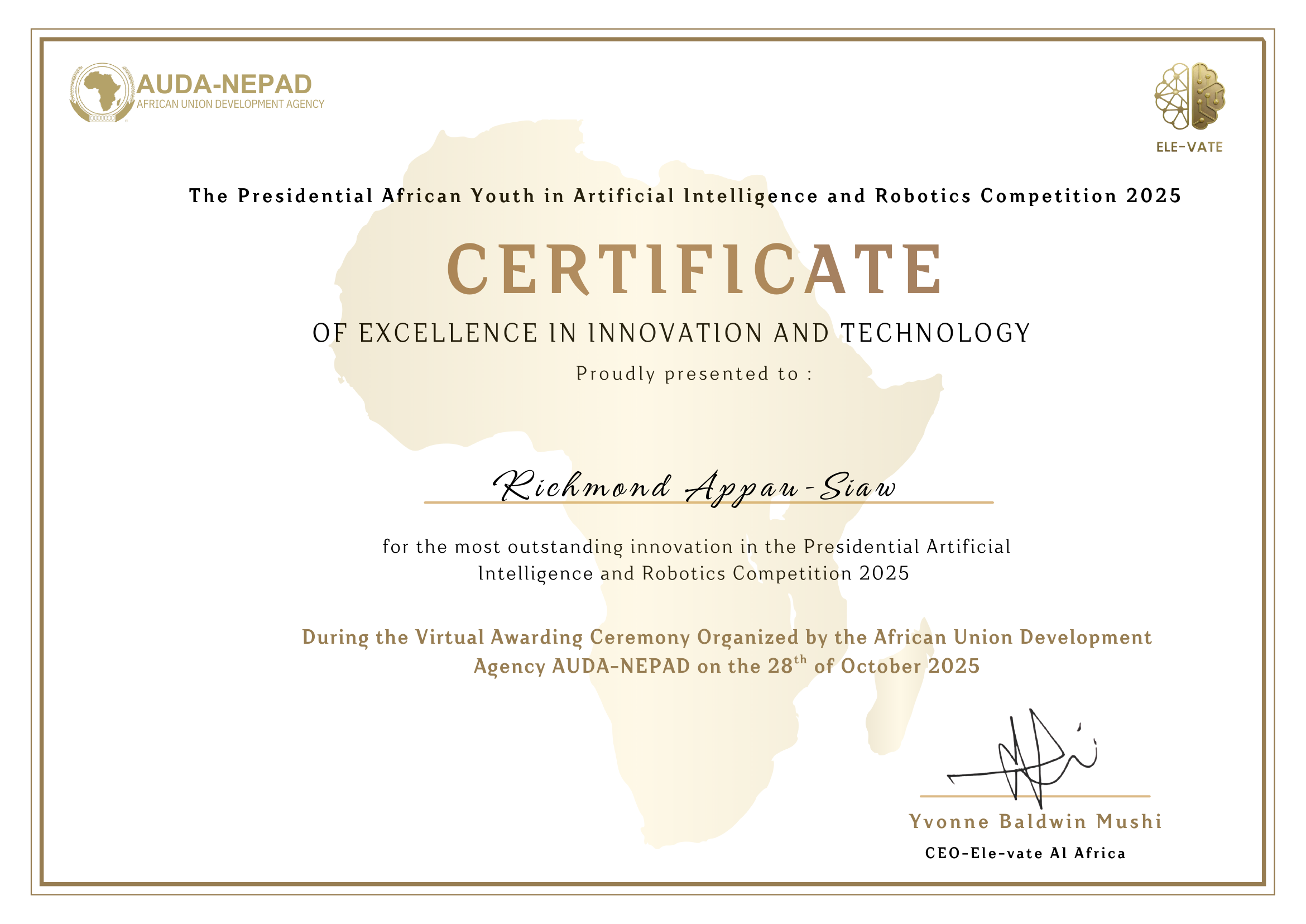 Certificate of Excellence in Innovation and Technology, Presidential African Youth in AI and Robotics Competition 2025 photo 1
