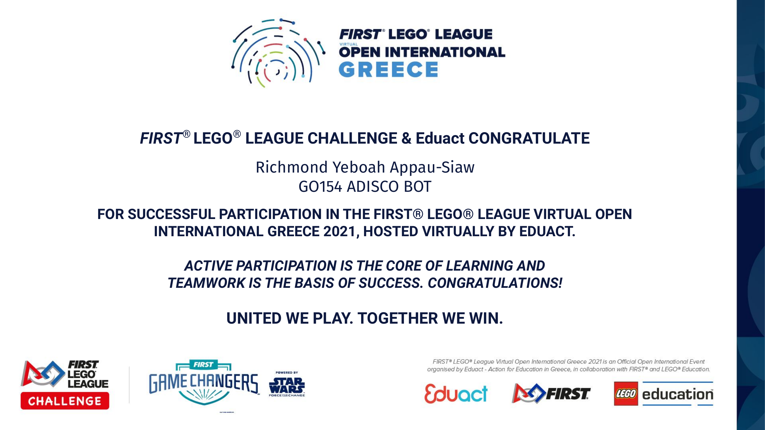 Activities Award (1st Place, Team GO154 Adiscobot), FIRST LEGO League Virtual Open International Greece 2021 photo 2