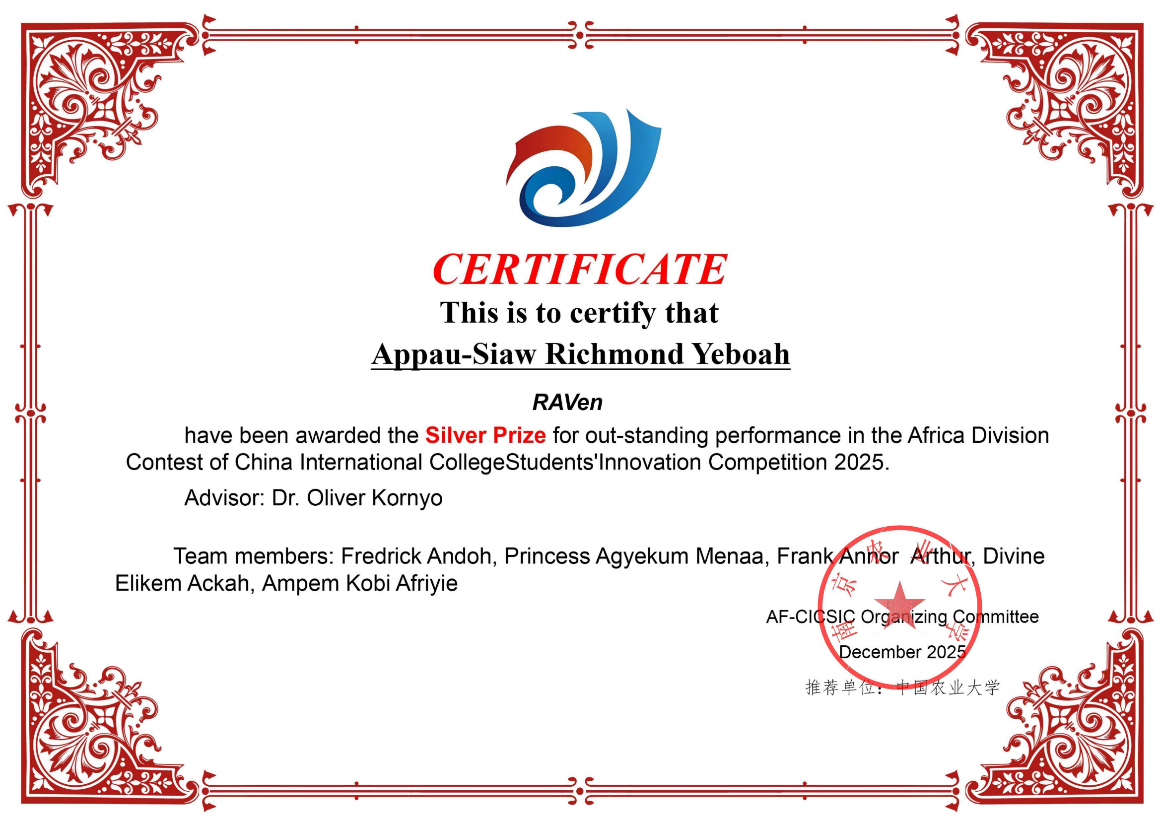 Silver Prize (RAVen), Africa Division Contest, China International College Students' Innovation Competition 2025 photo 1
