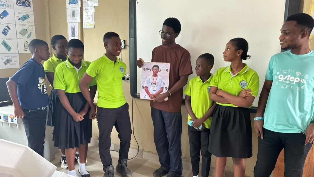Young students from Geosaka Model STEM School giving a presentation after our coaching sessions for GSTEP 2026.